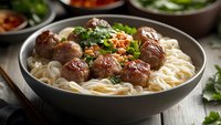 Asian meatball noodle soup with fresh herbs and vegetables in ceramic bowl. Comfort food meal with tender beef balls, rice noodles and green garnish.