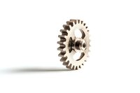 Single metal gear wheel isolated on white background with soft shadow, industrial machinery part showing mechanical engineering detail.