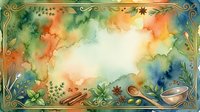 Watercolor autumn frame with warm orange and green tones, decorative botanical elements, cooking utensils, and ornate gold borders on cream background. Suitable for recipe cards, menus, seasonal designs.