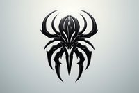 Black tribal spider design on light gray background, stylized arachnid silhouette with symmetrical pattern and sharp angular details, isolated for creative projects.