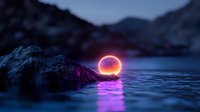 Glowing neon orb floating on calm water at dusk with rocky terrain, creating a surreal nighttime landscape for digital art and sci-fi projects.