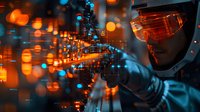Futuristic cyber concept with person wearing high-tech augmented reality glasses surrounded by glowing orange and blue digital particles, perfect for technology and innovation themes.