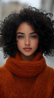 Young woman with natural curly afro hair wearing orange knit turtleneck sweater looking at camera with soft makeup and confident expression. Winter fashion portrait.