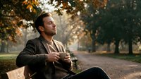 Thoughtful young Caucasian businessman in suit relaxing on park bench during autumn, holding coffee cup while looking up contemplatively among golden trees.