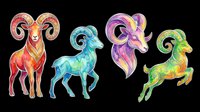 Colorful zodiac ram, goat, and capricorn symbols with swirling patterns isolated on transparent background. Ready for t-shirt design, clipart, stickers, sublimation, and print-on-demand products.