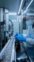 Laboratory technician in protective gear operating pharmaceutical manufacturing equipment in sterile cleanroom environment for drug production.
