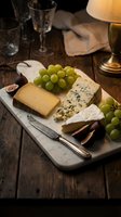 Elegant cheese board featuring assorted varieties including aged cheddar, blue cheese, and creamy brie with fresh green grapes, served on marble platter with wine glasses and lamp for entertaining.