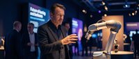 Middle-aged Caucasian male professional in dark business suit demonstrating or presenting robotic arm technology at modern tech conference or exhibition with illuminated displays and attendees in background.