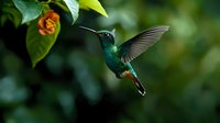 Vibrant green hummingbird hovering near orange flower against blurred natural background, wings spread in mid-flight showing iridescent feathers and long beak.