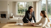 Professional businesswoman in dark suit consulting with blonde female client at modern home office table near large windows overlooking garden landscape.