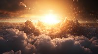 Dramatic sunset above fluffy clouds with glowing sunburst and light particles creating magical atmospheric scene in golden and dark tones.
