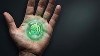 Hand holding glowing green recycling symbol with energy effects representing environmental sustainability and eco-friendly solutions for business presentations.