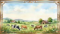 Rural farm landscape with grazing cattle in green pastures, traditional barns and rolling hills under cloudy sky for agricultural and countryside themes.