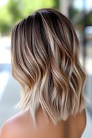 Trendy medium length wavy hair with blonde balayage ombre highlighting technique showing smooth transition from dark roots to light ends. Perfect for hair salon advertising.