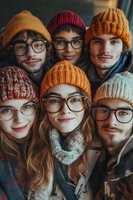 Group of young diverse friends wearing colorful knit beanies and glasses smiling together in casual winter attire, creating warm and cozy atmosphere.