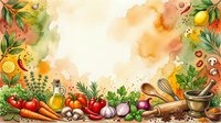Watercolor cooking ingredients and fresh produce arranged around white space with herbs, vegetables, citrus, oil, and kitchen utensils for culinary design projects.