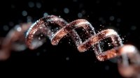Glowing copper DNA helix structure with sparkling particles on dark background, scientific molecular visualization for medical and biotechnology concepts.