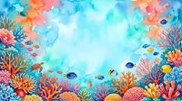 Vibrant watercolor underwater scene with colorful coral reef and tropical fish, featuring a soft teal sky center for text or design use.
