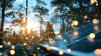 Solar panels in pine forest at sunset with magical bokeh lights creating dreamy atmosphere. Sustainable energy concept in nature setting.