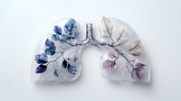 Anatomical lungs shape filled with delicate watercolor floral branches in blue and purple hues on white background, medical art concept for respiratory health.