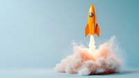 Orange rocket launching with dramatic smoke and dust cloud effect against light blue background, creating dynamic motion and power visualization for business concepts.