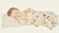 Peaceful sleeping baby wrapped in floral blanket with roses and leaves pattern, soft watercolor illustration in gentle peach and gray tones on white background.
