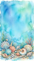 Watercolor underwater ocean scene with seashells, coral, and marine life on sandy bottom. Aquatic background for coastal themed designs and decorations.