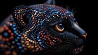 Mystical black cat face with glowing amber eyes and intricate dotted patterns in orange, blue and red against dark background, fantasy art style.