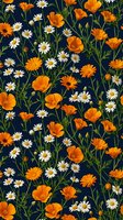 Seamless floral pattern with orange poppies and white daisies on dark blue background. Repeating wildflower design for textile, wallpaper and fabric applications.
