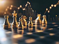 Golden chess pieces on board with financial graph overlay, symbolizing business strategy and market analysis in warm lighting with bokeh effect.