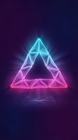 Glowing neon triangle with geometric wireframe structure in cyan and magenta colors on dark purple background for modern digital design projects.