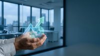 Business professional holding holographic growth chart with upward arrow in modern office environment showcasing financial success and data analytics.
