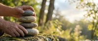 Hands stacking smooth stones in forest setting, symbolizing balance, wellness, and mindfulness practices for meditation and nature therapy concepts.