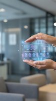 Hands holding transparent holographic display showing project phases, flowchart and methodology steps in modern office environment for business technology and innovation concepts.