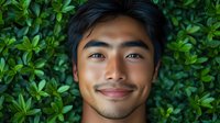 Young Asian man with warm smile surrounded by fresh green foliage, expressing joy and positivity against natural leafy background. Close up portrait shows genuine happiness.