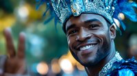 Smiling carnival dancer in bright blue feathered costume and ornate headdress showing peace sign against blurred festive background. Celebration atmosphere.
