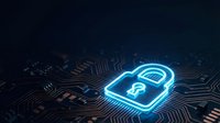 Glowing blue padlock icon on dark circuit board background representing cybersecurity, data protection and digital security technology concepts.