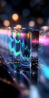 Glowing financial chart displayed in glass cylinder with neon blue and pink light effects against dark background with bokeh lights and network connections.