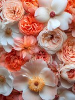 Coral and white garden roses, peonies and dogwood flowers create romantic floral composition. Soft pastel color palette with peach and cream tones for wedding design.