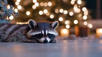 Sleepy raccoon resting on wooden surface with golden bokeh lights in background, creating cozy autumn or winter holiday atmosphere.