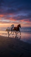 Two horses galloping on beach at sunset with dramatic colorful sky and ocean waves reflecting on wet sand creating romantic scenic landscape.