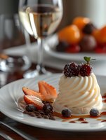 Elegant dessert with whipped cream swirl topped with fresh raspberries and strawberries, served with chocolate drops and berry sauce on white plate, wine glass in background.