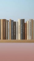Row of books with neutral colored spines arranged on wooden shelf against pastel background for education and reading concepts.