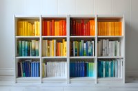 Books arranged by color spectrum in white modular bookshelf units creating rainbow effect, modern minimalist library organization system against light wall.
