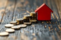 Stacks of gold coins leading to red house model on rustic wooden surface, representing property investment, mortgage rates and real estate market growth.
