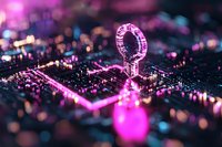 Glowing quantum computing circuit board with pink and purple neon lights creating futuristic technology atmosphere. Miniature circuit paths illuminate against dark background.