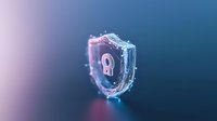Glowing shield security icon with question mark splashing in water effect against blue gradient background, modern cybersecurity concept visualization.