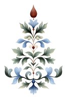 Elegant floral ornament with green leaves and blue petals in symmetrical arrangement on white background, featuring delicate watercolor style and burgundy accents.