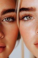 Close-up portrait showing contrasting faces split by blonde hair strand, featuring natural makeup, long eyelashes and expressive eyes with warm and cool lighting.