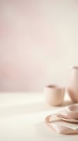Soft pink blurred background with ceramic tableware and silk ribbon creating elegant minimalist composition for product photography and branding materials.